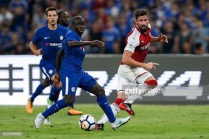 Olivier Giroud of Arsenal and N'Golo Kante of Chelsea